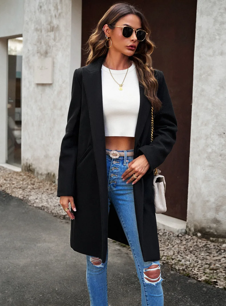 Tesco Autumn Winter Women Elegant Long Sleeve Coat With Pockets Solid Color Lapel Warm Long Windbreaker Overcoat blazer mujer