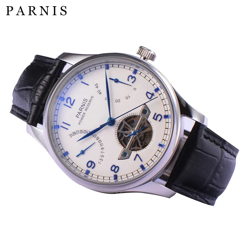 

Fashion Parnis 43mm Silver Case Automatic Mechanical Men's Watch Calendar Power Reserve Tourbillon Leather Watches reloj hombre