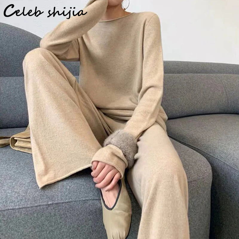 New Cashmere Pants Sets Woman Oversized Sweater and Elastic Waist Pants Autumn Winter Elegant Wool 2 Piece Sets Female OL