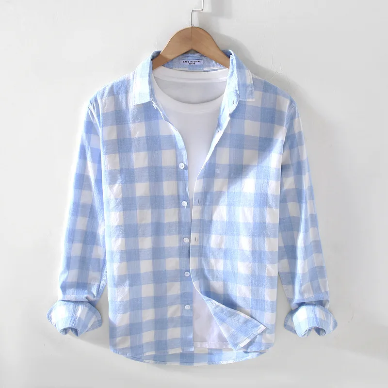 New Spring Autumn Korean Style Men's Patchwork Cotton 100% Lapel Casual Shirts Long Sleeve Loose Plaid Men Tops Clothes