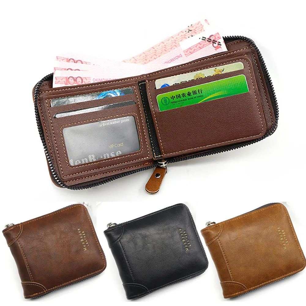 Men's wallet retro leather short zipper multifunctional wallet with large capacity high quality anti-theft brush wallet