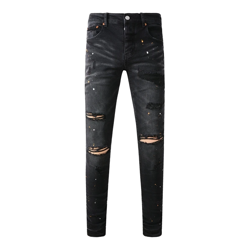 

America Fashion Men's Slim Fit Washed Damaged Destroyed Hole Skinny Long Black Denim Trouser Jeans Pants Streetwear