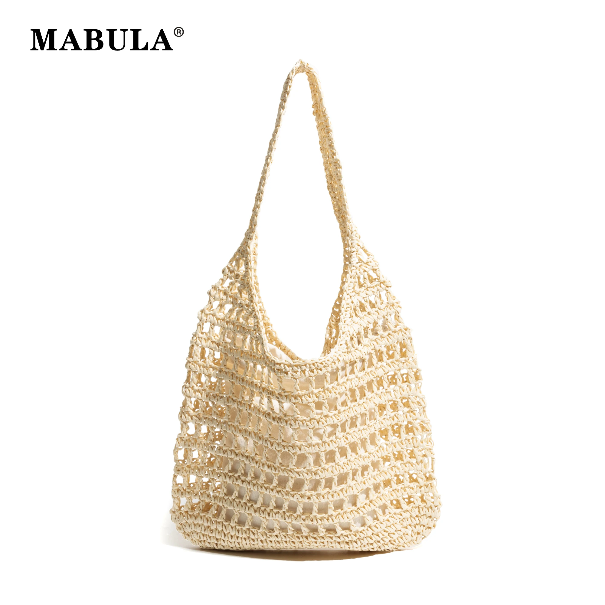 

MABULA Plaited Woven Women's Aesthetic Beach Bag Hollow Design Unique Fishing Net Shoulder Purse Handwoven Summer Hobo Handbag