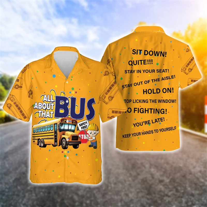 School Bus 3D Printed Shirts For Men Clothes Cartoon Car Driver Graphic Beach Shirt Funny Gift Aloha Lapel Blouse Hawaiian Tops 2