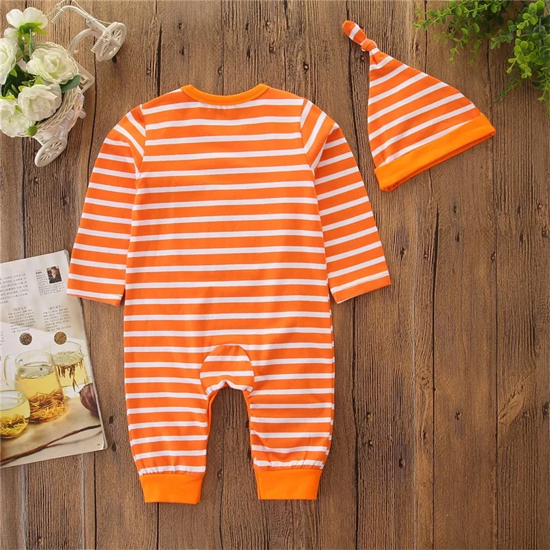 

Newborn Baby Boys Girls Halloween Romper Set Pumpkin Striped Print Playsuit Long Sleeve Crew Neck Jumpsuit Beanie Headband