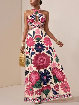Women's Floral Print Halter Maxi Dress Sleeveless Cutout Waist Tiered Ruffle Hem Boho Spring Summer Fashion Vacation Long Dress