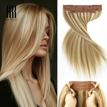 Halo Hair Extension Real Human Hair Invisible Wire Hair Extension with Transparent Wire Adjustable Size Fish Line Hair Extension