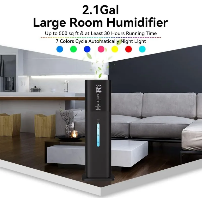 Honovos Humidifiers, 7 Colors Light, 2.1Gal(8L) Ultrasonic Cool Mist Humidifier, 360° Nozzle, Humidity Setting, Timer, Aroma Box 2