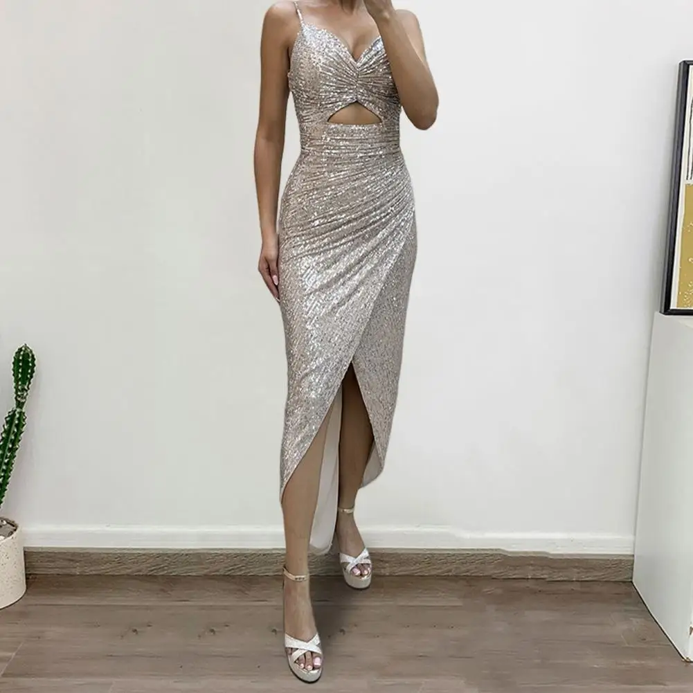 

Evening Dress V Neck Hollow Out Backless Sleeveless Shiny Sequin Pleated Split Hem Solid Color Spaghetti Strap Prom Party Strapp