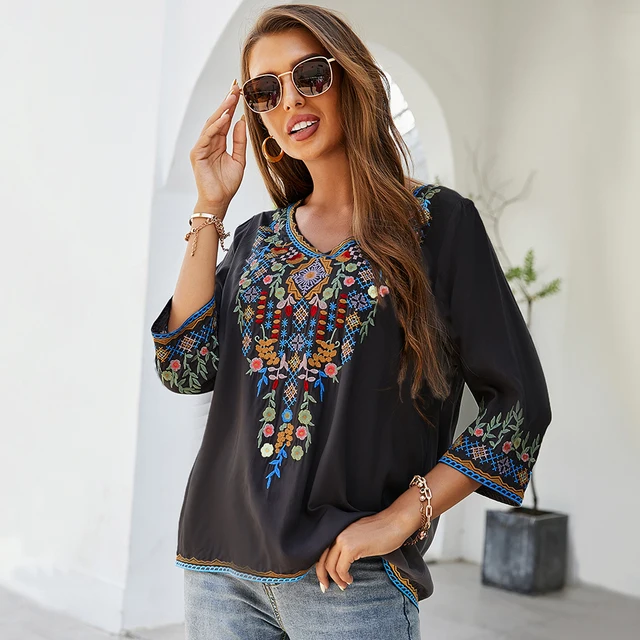 KHALEE YOSE Floral Embroidery Blouse Shirts Boho Vintage Chic Mexican Autumn Blouse 2xl 3xl Ethnic Hippie Women Shirt Blouse 4