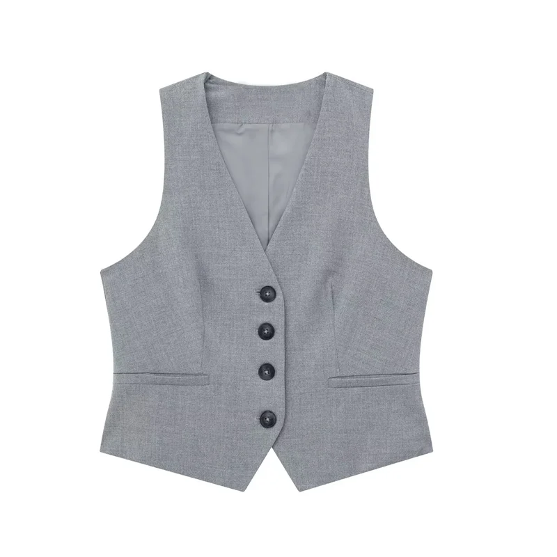 TRAF Grey Cropped Vest Women V Neck Sleeveless Vest Woman Fashion Summer Women's Suit Vest Top Button Short Coats Waistcoat 2