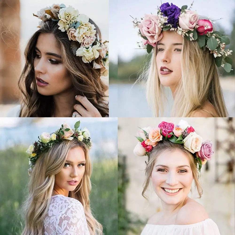 Bohemian Festival Wedding Flower Crown Photo Props Rose Green Leaf Floral Headpiece Headwear for Women Girls