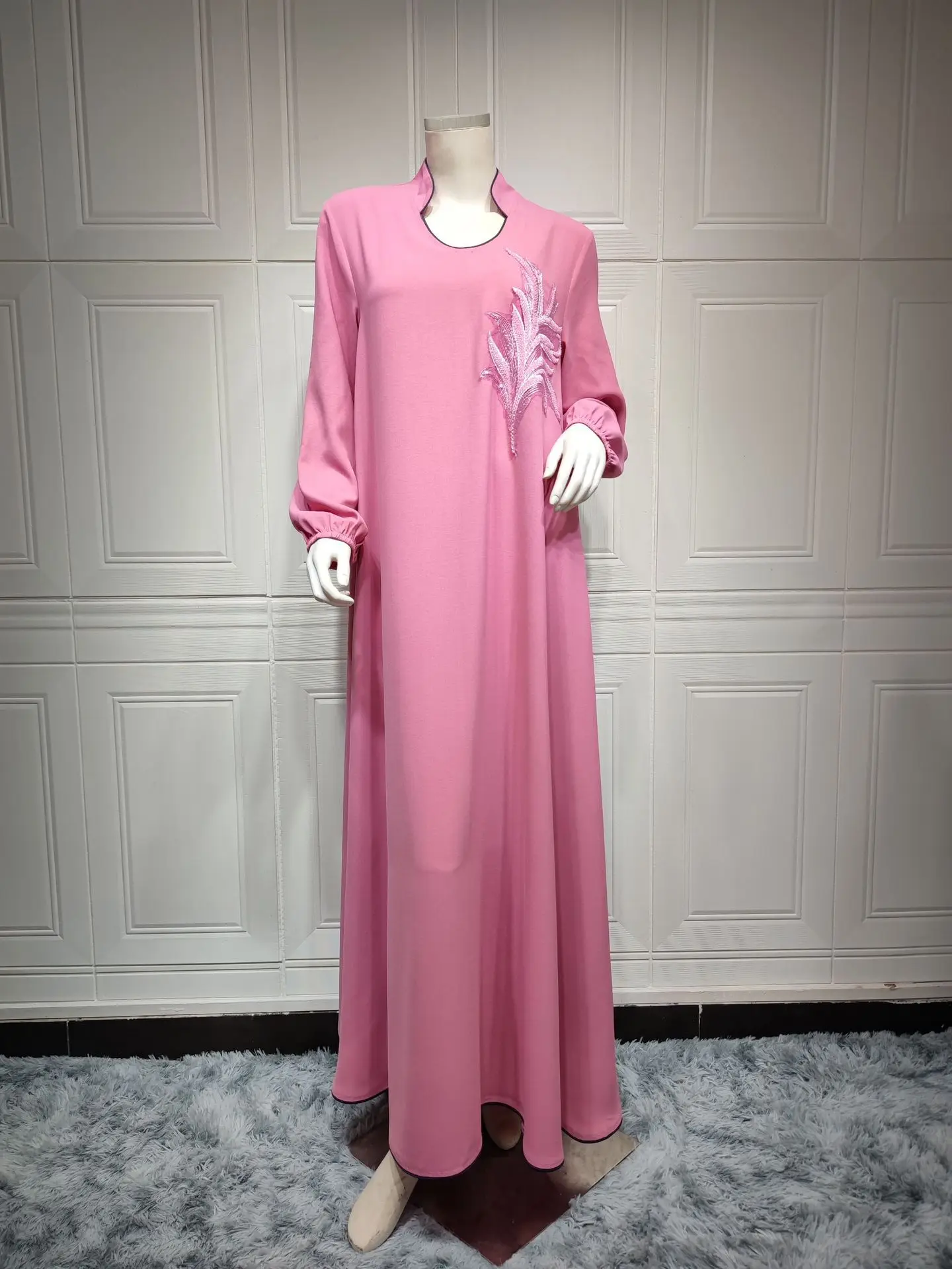 Elegant Long Maxi Dress Women Fashion Crew Neck Pleated Robe Appliques Asymmetric Hem Casual Loose Ladies Dresses Ramadan