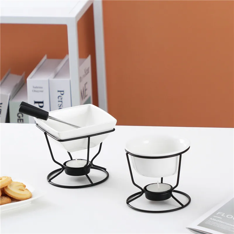 Ceramic White chocolate melting pot with metal stand for DIY fondue