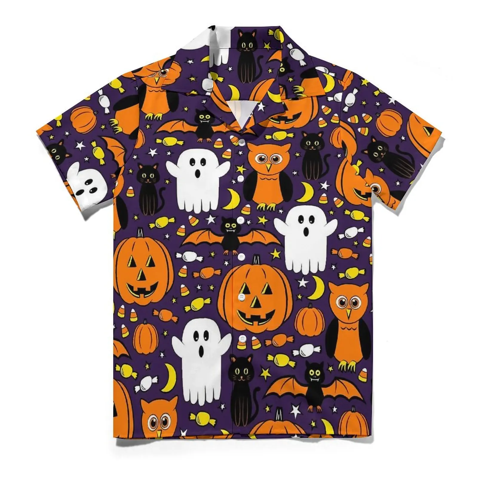 

Happy Haunts Beach Shirt Man Ghost And Pumpkin Vintage Casual Shirts Hawaiian Short Sleeve Breathable Pattern Oversized Blouses