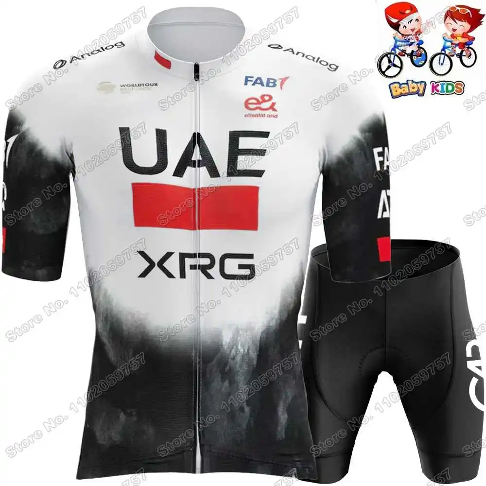 2025 Kids UAE Team Cycling Jersey Set Boys Girls France TDF Cycling Clothing White Yellow Tadej Pogacar Children Road Bike Shirt 2