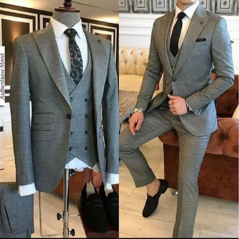 Tailor Made Black Peak Lapel Blue One Button Suit Men Slim Fit Groom Tuxedos Business Prom Terno 3 Pieces（Blazer Vest Pants）