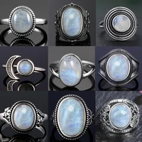 Round Oval Big Natural Moonstones Rings Women's S925 Silver Rings Gifts Vintage Fine Jewelry