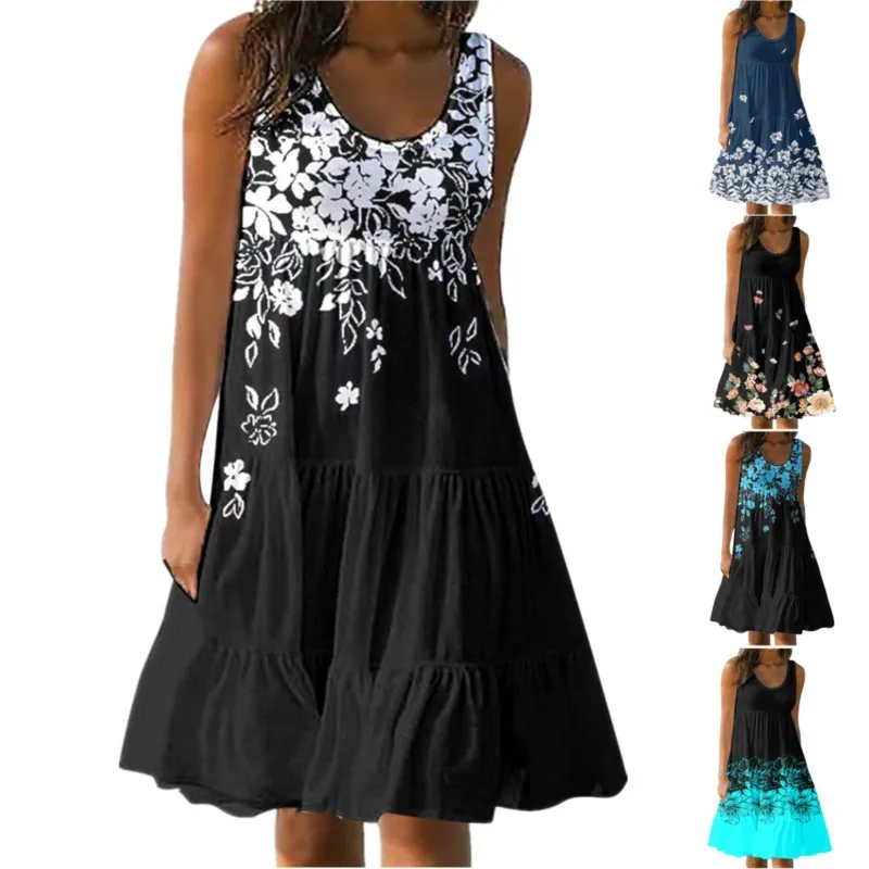 

2023 Summer New Women's Wear Bohemian Vacation Style Casual Print Flower Pleated Round Neck Tank Top Dress for Women