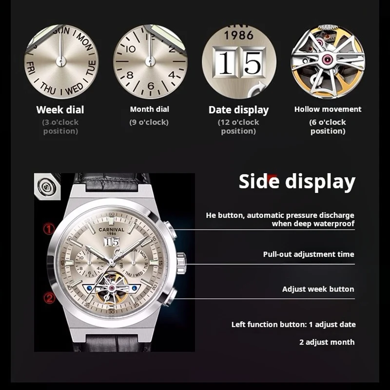 2024 New CARNIVAL Men's Watch Top Brand Luxury Fashion Business Watch Men's Waterproof Tourbillon Mechanical Watch Waterproof