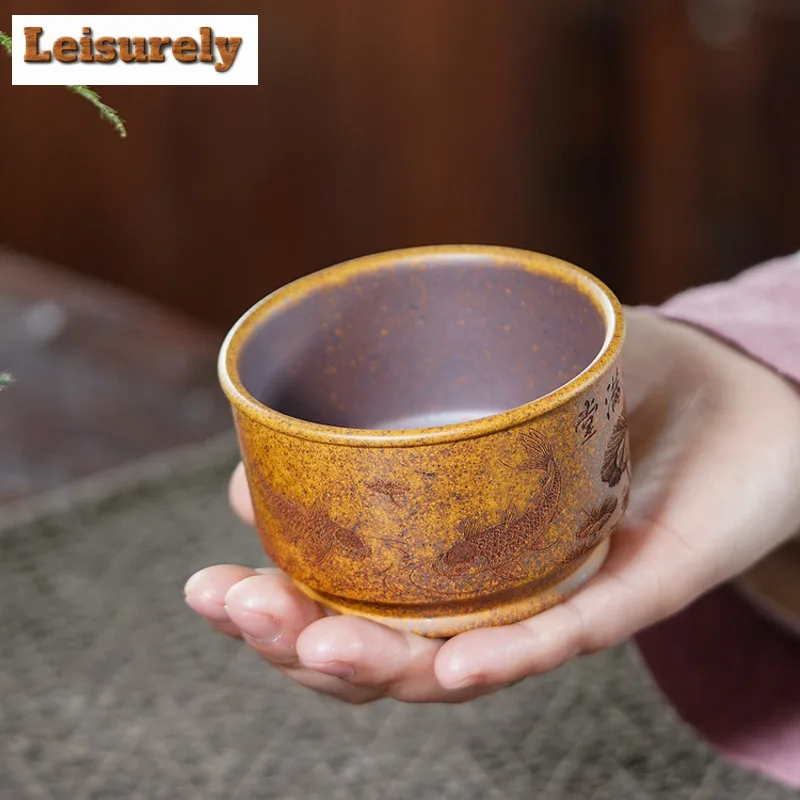 150ml Zisha Fish Play Lotus Leaf Wood-fired Porcelain Teacup Ancient Tea Bowl Jug Tea-tasting Fragrance Cup Jianzhan Master Cup