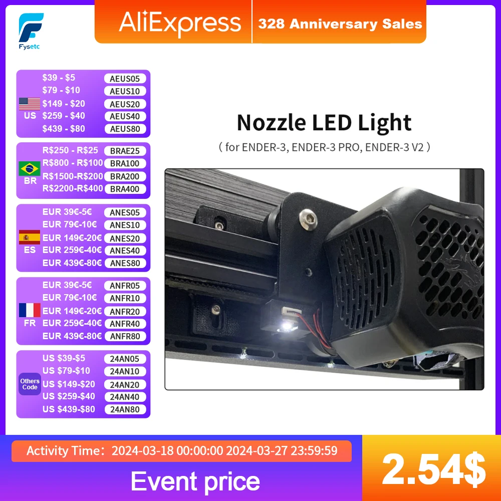 FYSETC Hotend Nozzle Lighting LED Lamp 24 Voltage for ENDER-3 ENDER-3 PRO ENDER-3 V2 3D Printer Accessories creality 3d official ender 3 v2 магнитная горячая фотопластина для 3d принтера ender 3 ender 5 pro cr20 аксессуары для 3d принтера 235 235 1 мм