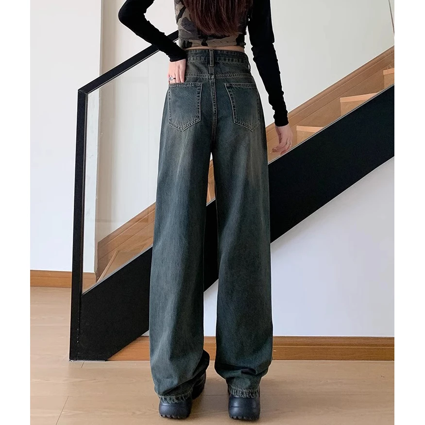 American retro cement gray wide-leg jeans female spring 2024 new high-waisted thin loose straight drag pants