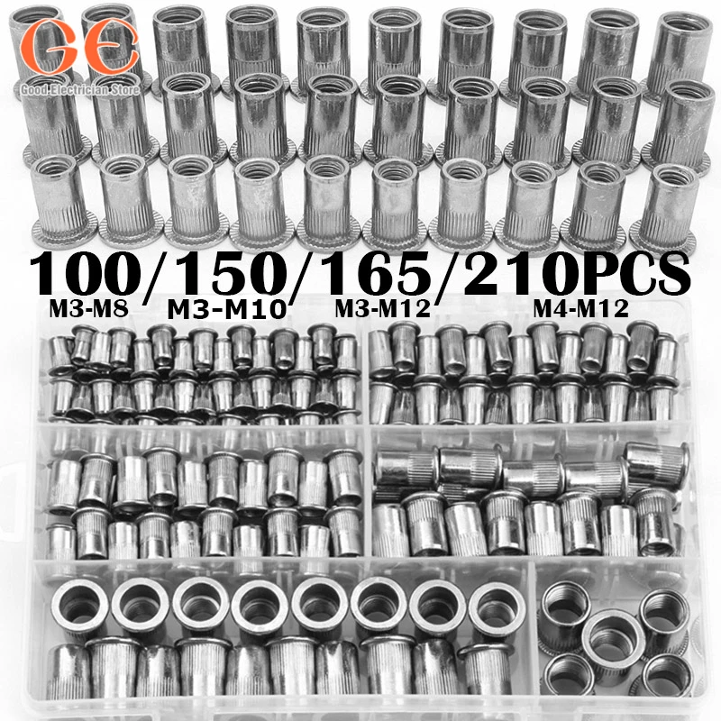 Screw Bolt Nut Set 100/150/165/210pcs M3-M12 aluminum Multi Flat Head Metric Thread Blind Rivet Nut Insert Rivnut Nutsert Screw screw bolt nut set,screw washer nut kit,auto fasteners assortment