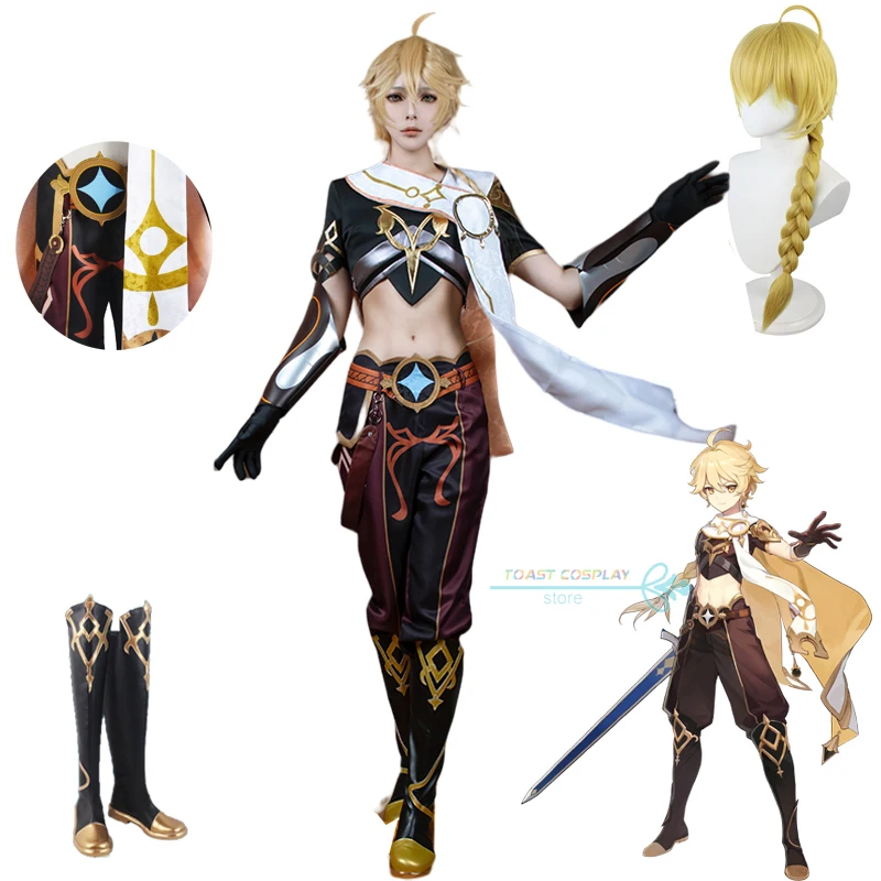 

Genshinimpact Traveler Aether Cosplay Costume Sora Kong Cosplay Aether Halloween Party Outfit Clothes Wig Shoes Full Set Clothes