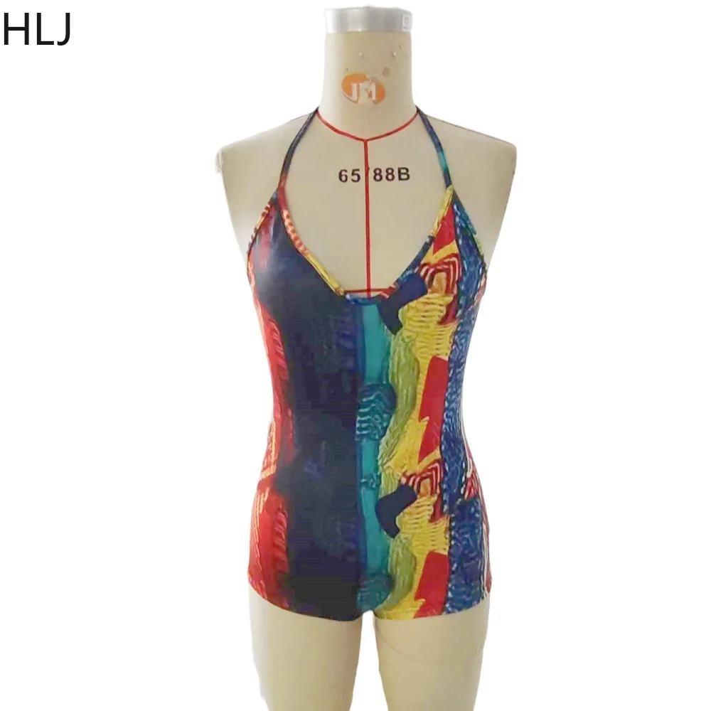 HLJ Sexy Multicolour Snake Print Bodycon Nightclub Rompers Women Deep V Backless Slim Jumpsuit Fashion Halter Sleeveless Overall