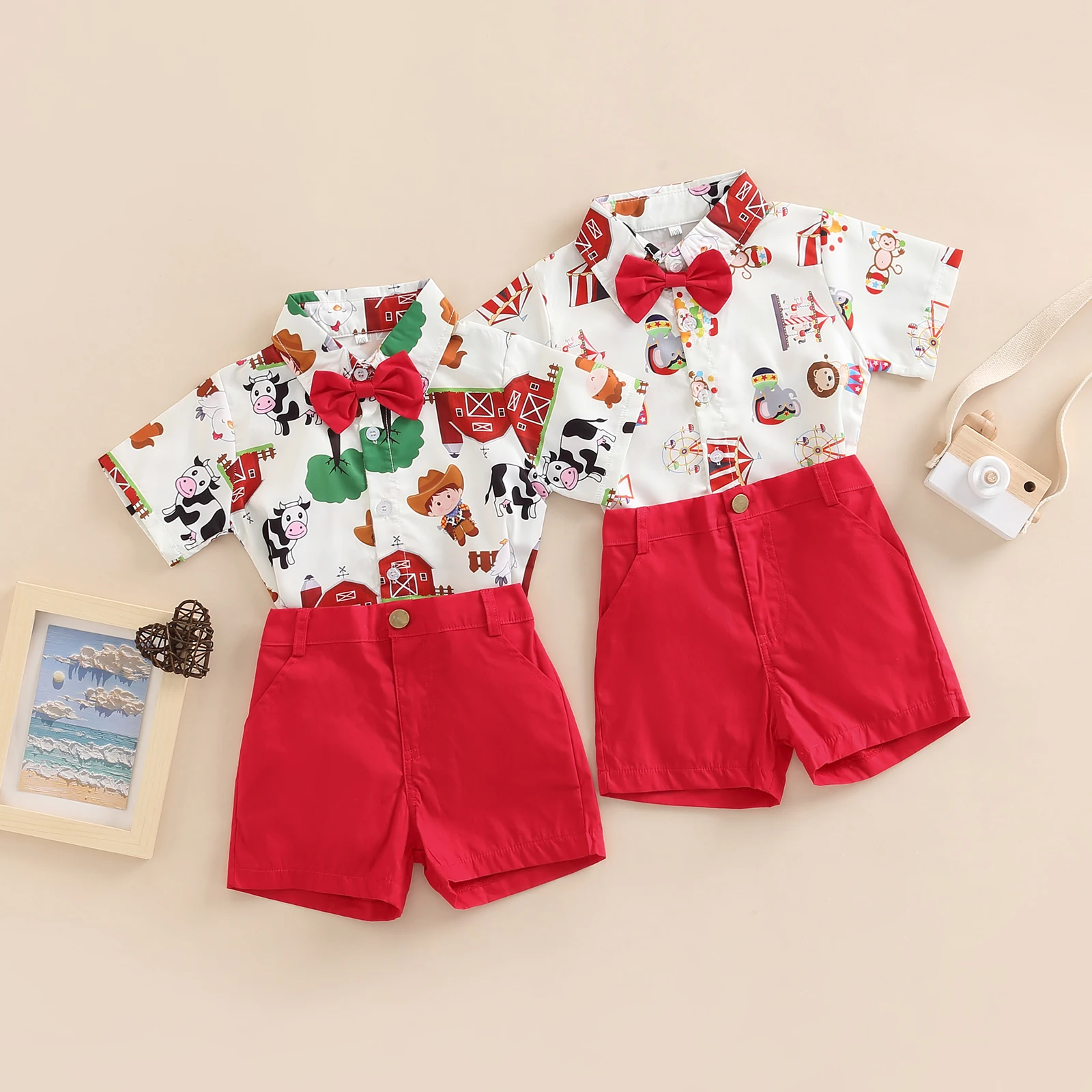 Kids Clothes Toddler Kids Boys 2 Pieces Outfits Farm/Circus Cartoon Animal Print Short Sleeve Shirts Bow Tie + Solid Color Shorts Set