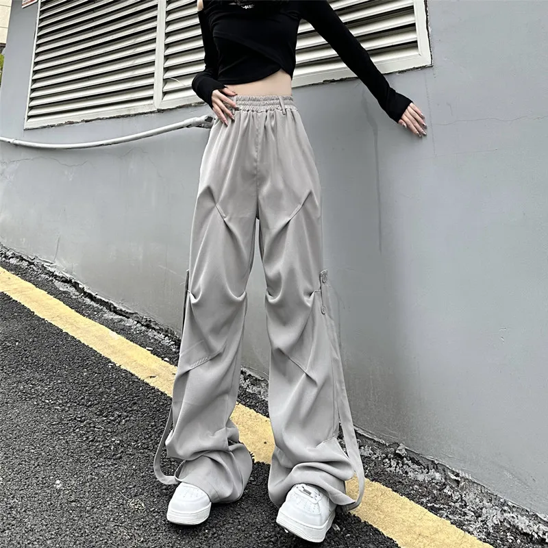 Streetwear Cargo Pants Women 2023 New Design High Waist Elastic Pleated Straight Hip Hop Black Pants Baggy Trousers