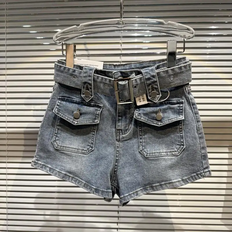 

Summer Denim Shorts New Street Trend Double Buckle Belt Slim Fit Hot Girl Wear High Waist High Street Cotton