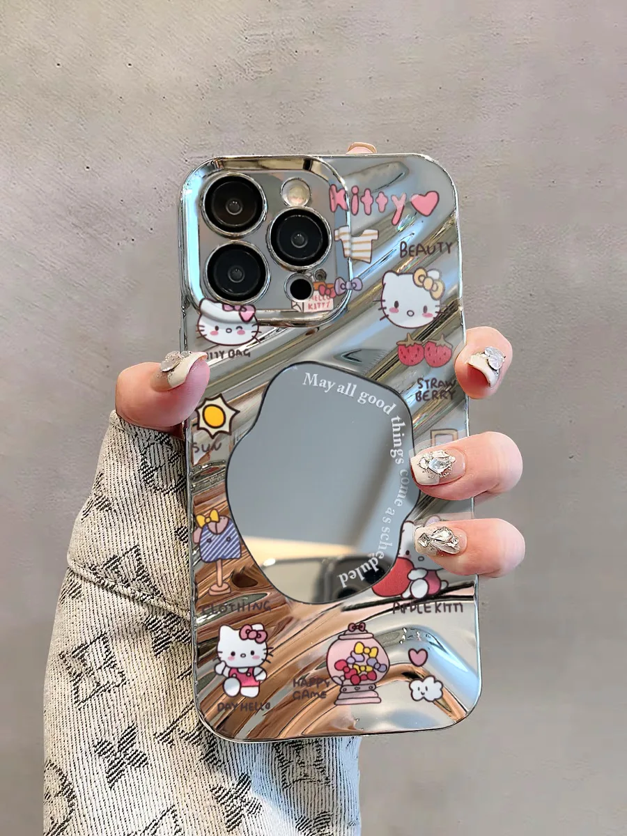 thumbnail image 1 of Sanrio Hello Kitty Electroplated Mirror Girl Style Phone Case for IPhone 15 14 Plus 13 12 11 Pro Max X XS Max Makeup Phone Cover, 1 of 5