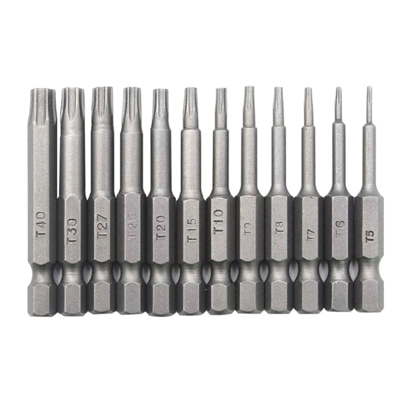 12 Pcs 50mm 1/4 인치 육각 생크 T5-T40 Torx 헤드 스크류 드라이버 비트 세트 전기 스크루 드라이버 도구