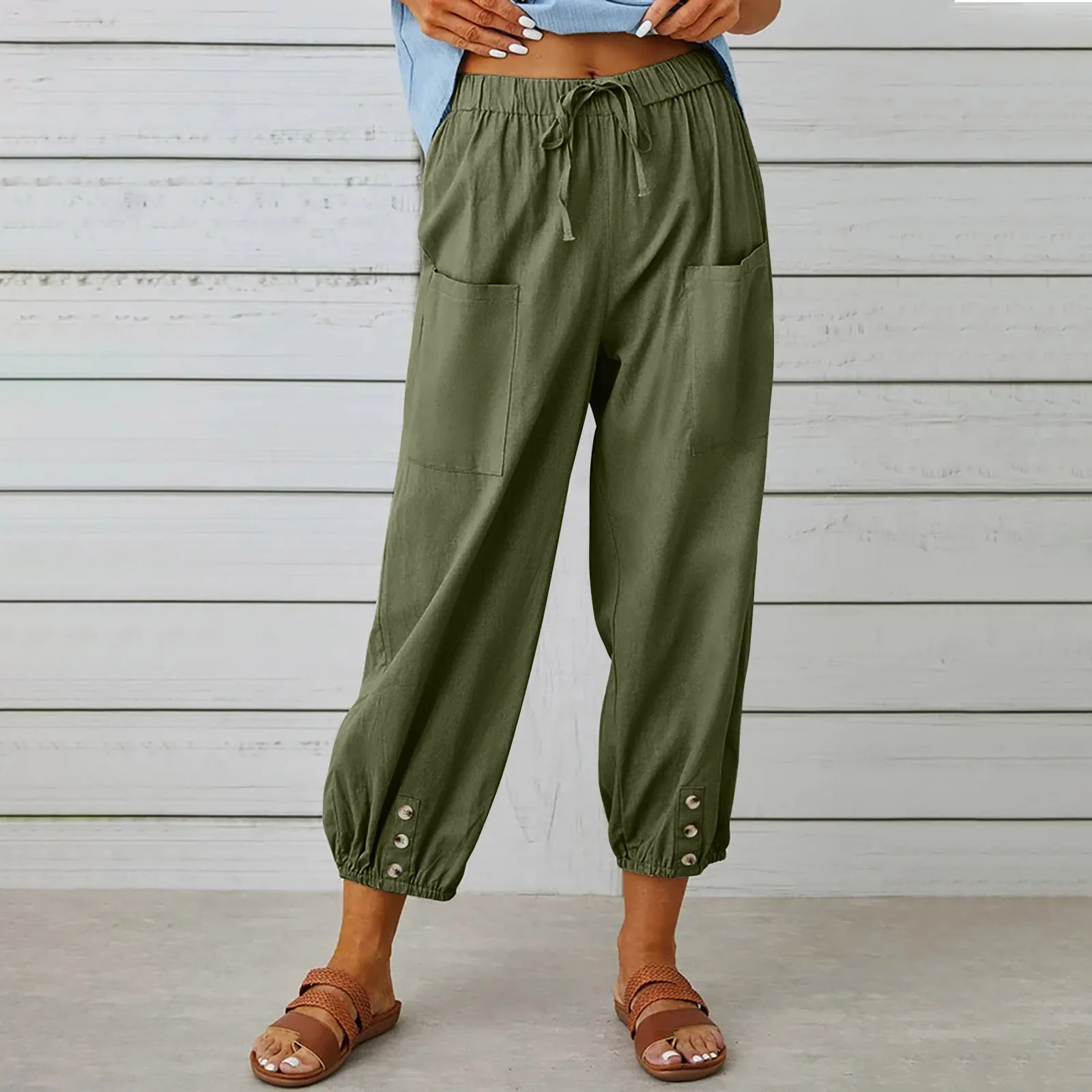 New Casual Pants Flow Loose High-waisted Button Pants Nine-point Pants Women's Wide Leg