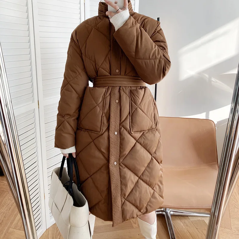 

2022 Winter New Korean Style Long Cotton-padded Coat Women's Casual Stand-up Collar Argyle Pattern Oversized Parka Chic Jacket