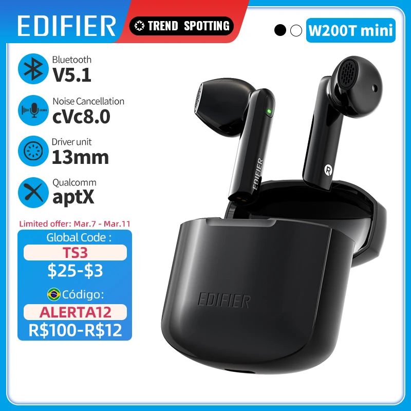 [World Premiere]EDIFIER W200T mini True Wireless Earbuds Qualcomm aptX Blueooth Earphones 13mm Units Call Noise Cancellation