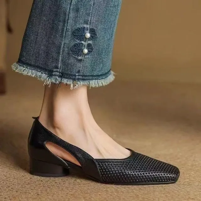Women's Square Toe Block Heel Pumps - Perforated Office Dress Shoes