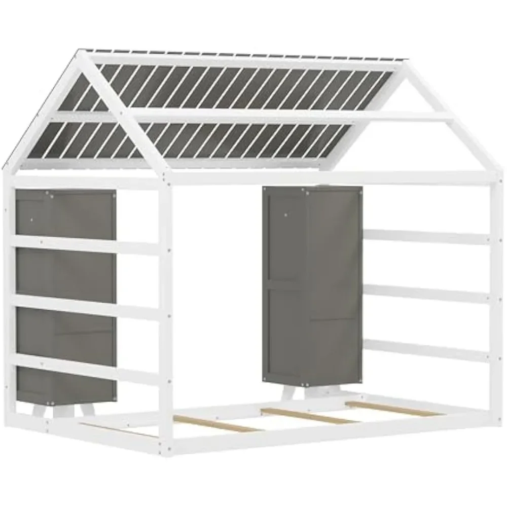 Wooden Twin Size House Bed for Kids,Includes Two Movable Wardrobes,Children Beds Features Cozy Fence and Roof 5