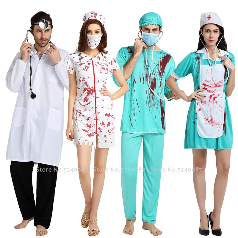 

Nurse's Day Women Sexy Party Dress Men Doctor Coats Tops Pants Hats Halloween Horror Bloody Nurse Uniform Scary Cosplay Costumes