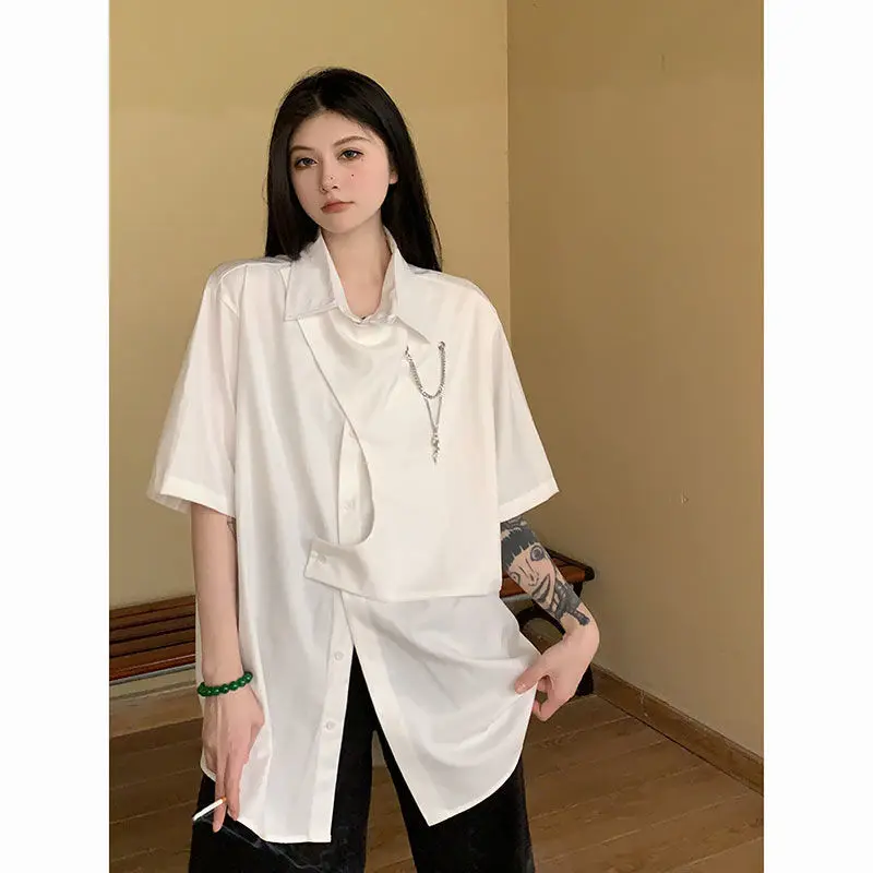 Y2k Clothing Women Irregular Shirt Streetwear Harajuku Hip Hop Single-breasted Short Sleeve Blouse Vintage Tops Black White New