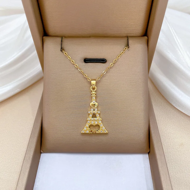 

Цепочка Из Нержавеющей Стали, модное креативное ожерелье с Эйфелевой башней для женщин и девушек, блестящий кулон с цирконием, аксессуары, ювелирные изделия, подарки