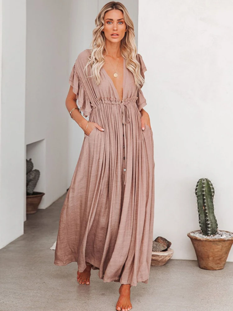 Beach Dress Maxi Women Summer Ruffle Sleeve Deep V Neck Solid Elegant Bohemian Wedding Outfits Bikini Cover Up Robe Beachwear