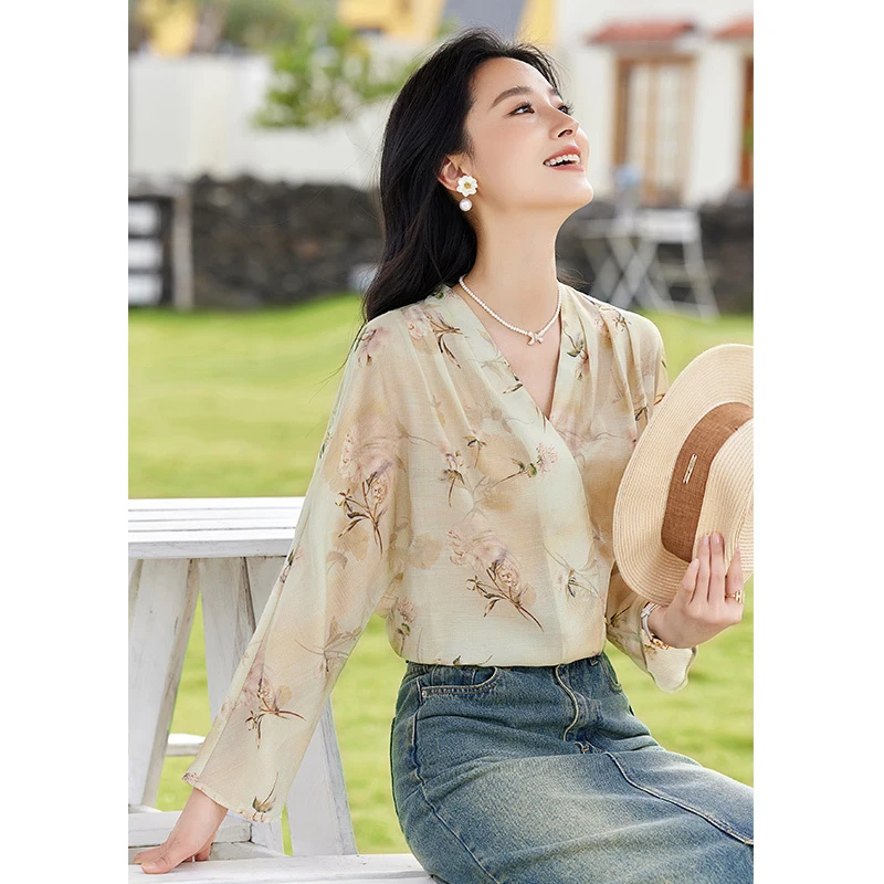 Ounixue V-neck floral print top 2024 spring new product gentle and versatile, age reducing temperament women's shirt SN637