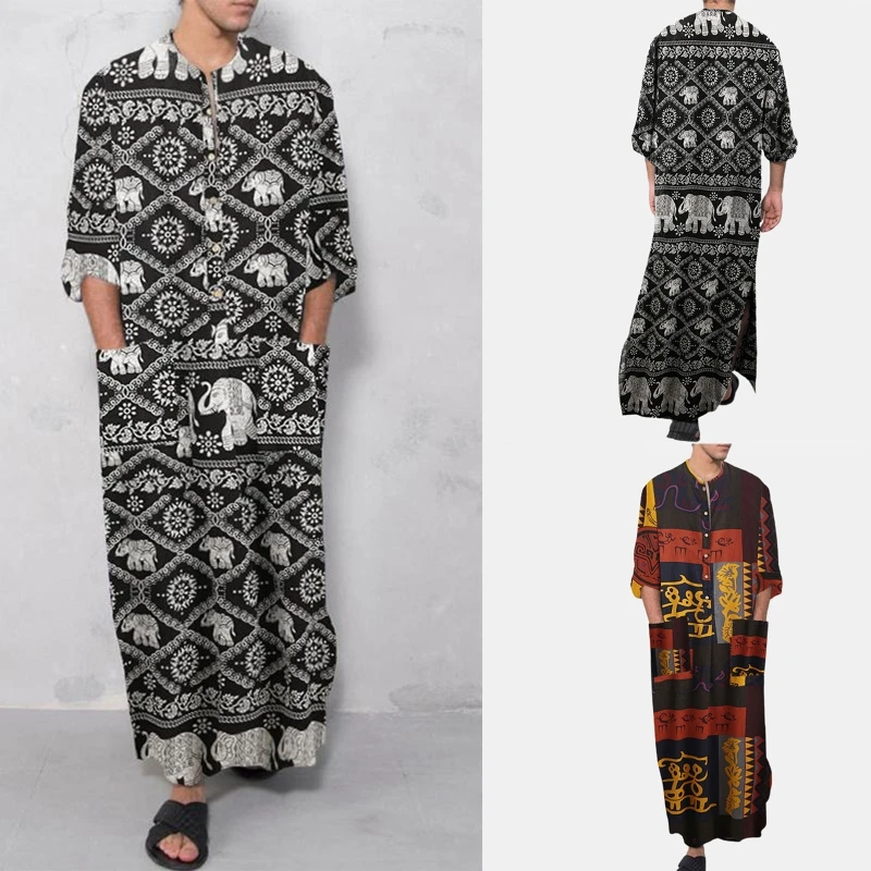 

Muslim Ethnic Print Kaftan Clothing Men Thobe Middle East Jubba Thobe for w/