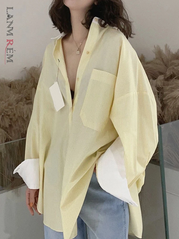 

LANMREM Autumn Casual Shirt For Women Lapel Single Breasted Long Sleeves Patchwork Thin Tops Female Clothing 2023 New 2YA3733