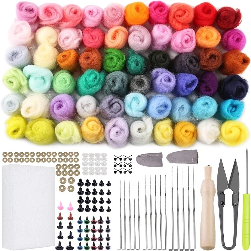 60Colors Wool Felting Kit With Instruction And Felting Needles for Beginner Doll Making DIY Handmade Craft Tool Set
