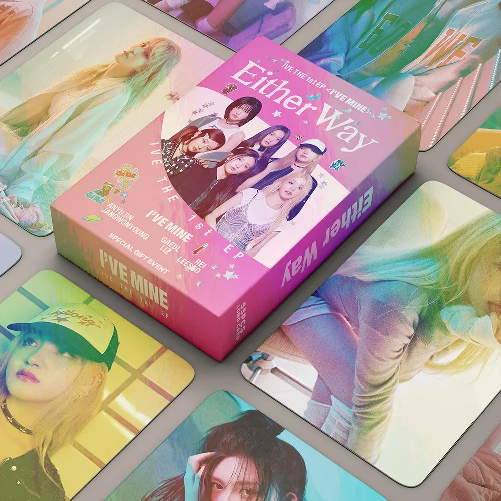 

55 шт. Kpop IVE лазерные фотокарты, новый альбом Eitherway Lomo Card, Высококачественная Печатная Открытка, Kawaii Idol IVE поклонники, подарок