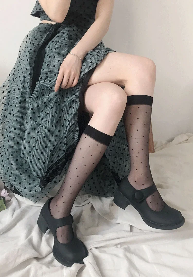 Polka Dot Print Lange Socken Dessous Sexy Mesh Fishnet Hohe Knie Socke Frauen Sommer Nylon Dünne Transparente Lolita Kawaii Strümpfe – Detail 1